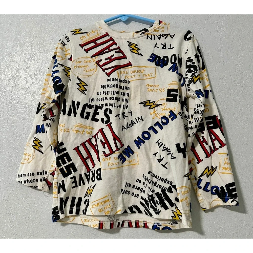 Zara Kids Graphic Print‎ Long Sleeve Shirt Top White Multi Color Size 5T-110